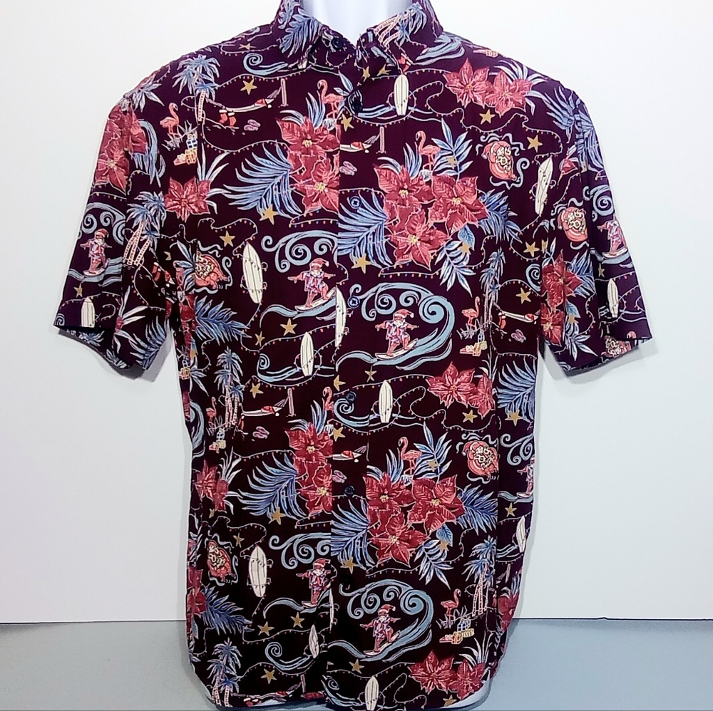 M&S XMAS FLORIDA SURFING SANTA SHORT SLEEVE BUTTON DOWN SHIRT